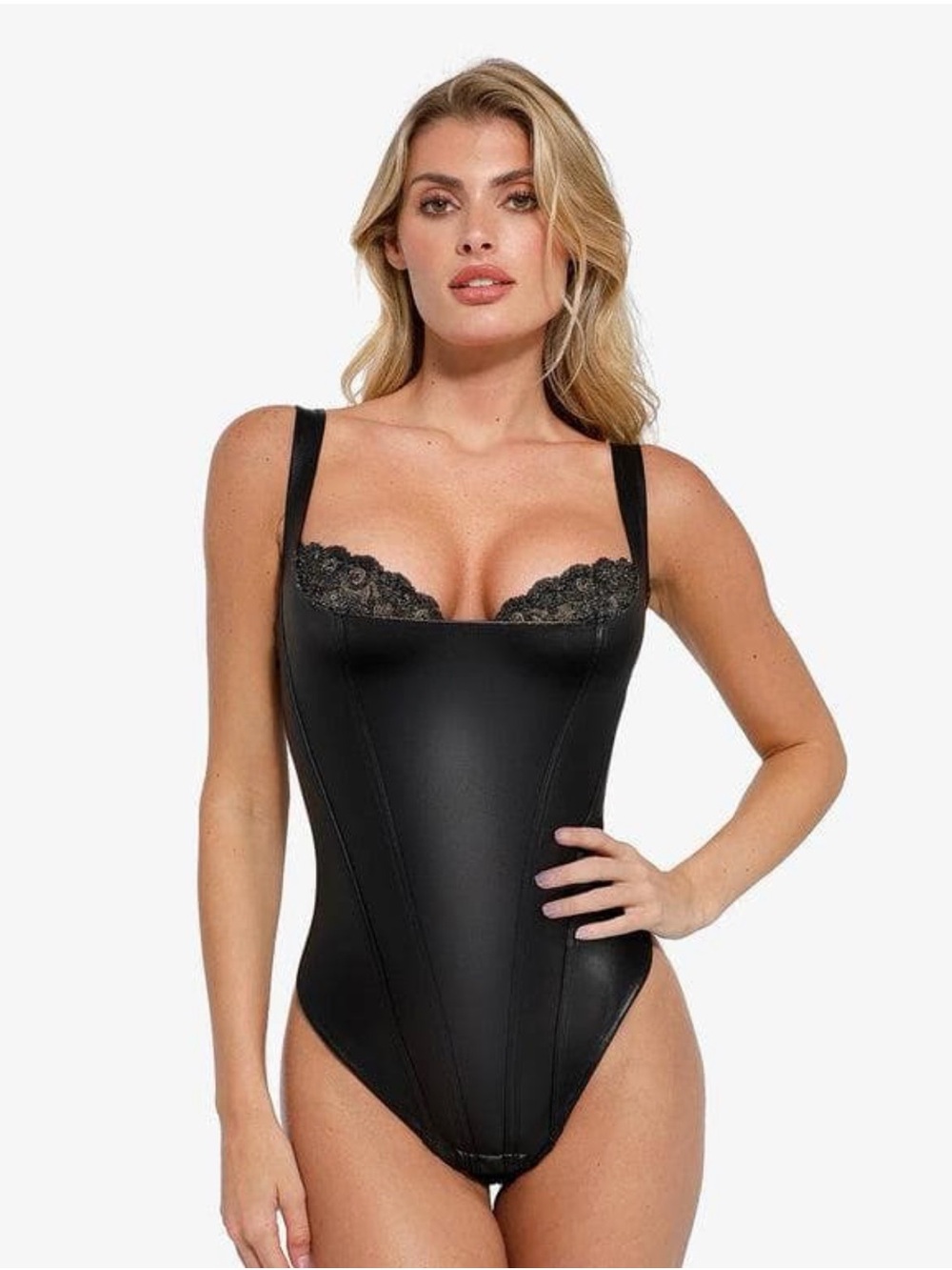 BNWT Popilush Black Shapewear Faux Leather Lace Balconette Sculpting Bodysuit